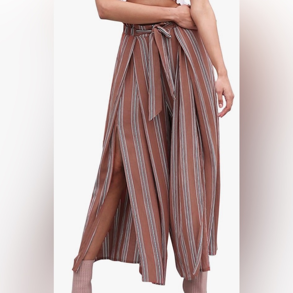 Elegant Striped Split High Waisted Belted Pants